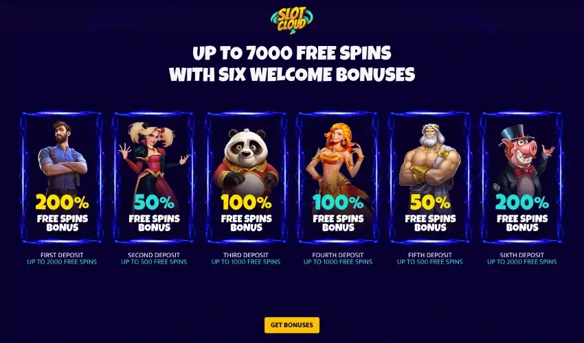 Slotcloud casino bonusar. Slotcloud up to 7000 free spins with six welcome bonuses. 200% free spins bonus, First deposit up to 2000 free spins. 50% free spins bonus, Second deposit up to 500 free spins. 100% free spins Bonus. Third deposit up to 1000 free spins. 100% free spins bonus, fourth deposit up to 1000 free spins. 50% free spins bonus, fifth deposit up to 500 free spins. 200% free spins bonus, sixth deposit up to 2000 free spins.