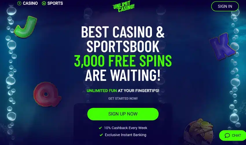 Unlimit casino
Casino sports Sign in 
Best casino & sportsbook 
3,000 free spins are waiting 
Unlimited fun at your fingertips! 
Get started now!
Sign up now 
10% cashback every week 
Exclusive Instant Banking 
Chat