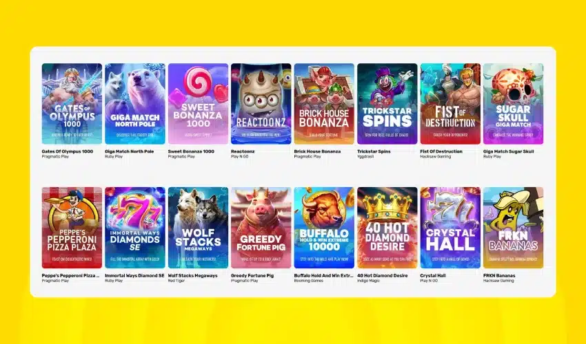 Justspin casino spel - Gates of Olympis 1000, Giga Match North pole, Sweet Bonanza 1000, Reactoonz, Brick House Bonanza, Trickstar Spins, Fist of Destruction, Sugar Skull Giga Match, Peppe's Pepperoni Pizza Plaza, Immortal Ways Diamonds SE, Wolf Stacks Megaways, Greedy Fortune Pig, Buffalo Hold & Win extreme 1000, Crystal Hall, FRKN Bananas 