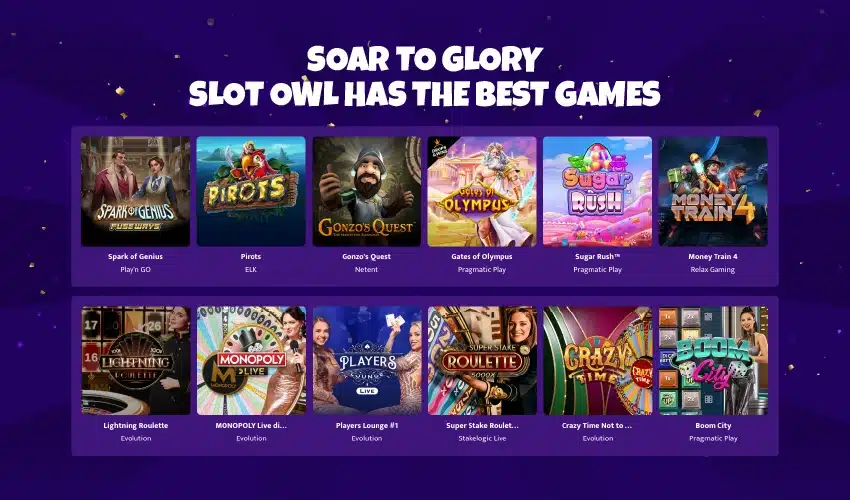 Slot owl casino spelutbud. Soar to glory. Slot owl has the best games.
Spark of Genious Play'n Go. Pirots ELK. Gonzo's Quest Netent. Gates of Olympus Pragmatic Play, Sugar Rush, Pragmatic Play, Money Train 4, Relax Gaming, Lightning Roulette Evolution, Monopoly Live di... Evolution, Players Lounge #1 Evolution, Super Stake Roulet..Stakelogic Live, Crazy Time Not to...Evolution, Boom City, Pragmatic Play