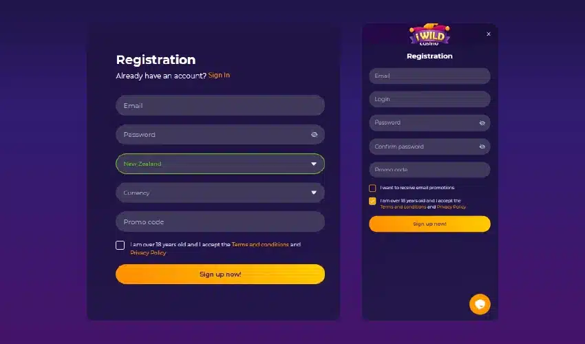 iWild casino registrering. Registration. Already have an account? Sign in, Email, Password, New Zealand, Currency, Promo code, I am over 18 yeard old and I accept the Terms and conditions and Privacy policy, Sign up now! iWild casino Registration, Email, Login, Password, Confirm password, Promo code, I Want to recieve email promotions, I am over 18 years old and I accept the terms and conditions and Privacy Policy, Sign up now!