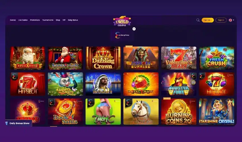 Iwild casino spelutbud. Games, Live casino, Promotions, Tournaments, Shop, VIP, Daily Bonus, iWild casino, Endorphina, Sign up, Sign in, Royal XMass II, Santa's Gift, Dazzling Crown, Jekerora Sunrise, Valentine's Heart, Fresh Crush, 777 Hit slot, Rabbits, Rabbits, Rabbits, The Emirate II, Royal X Mass, Rooster Fury, 7 Hit Slot, Daily Bonus Show, Book of Santa, Twerk, Burning Coins 20, Starshine Crystals