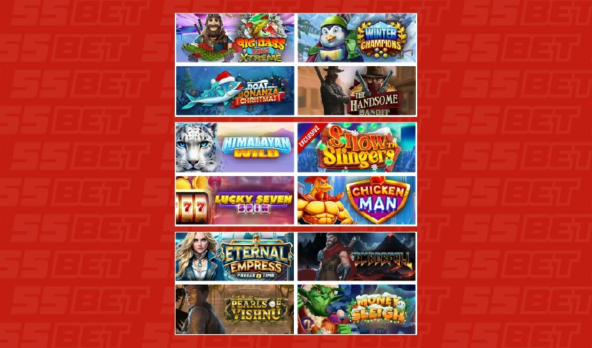 55bet casino spelutbud. Big bass xtreme. Winter Champions, Boat Bonanza Christmas, The Handsome bandit, Himalaya Wild, Exclusive Snow singers, Lucky seven spin, Chicken man, Eternal Empress, Emberfall, Pearls of Vishnu, Money Sleigh.