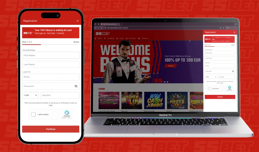 55bet casino registrering. Registration. 55bet. Your 100% bonus is waiting for you! Fast sign up - less than 1 minute! Step 1 of 3 Bonus. Personal details, First name, Last name, email, password, +358, number, we'll use your phone number to send you a verification code via SMS. I am human, continue. Casino, Super flip, Wild cash, X9990, Pirots.