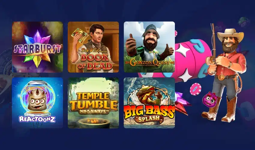 Slotable casino spelutbud. Starburst, Rich Wilde and the Book of Dead, Gonzo's Quest, Reactoonz, Temple Tumble MegawaysTM, Big Bass Splash.