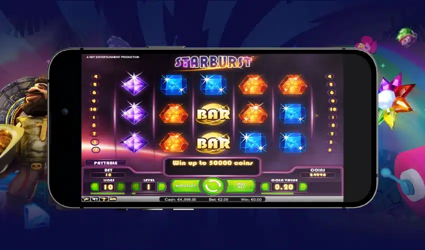 Slotable casino. Starburst A Net entertainment production. 4, 2, 6, 9, 10, 1, 8, 7, 3, 2, BAR, BAR, Paytable, Bet, Win up to 5000 coins. Autoplay, Max bet, coin value 0.20. Coins 4999. Lines: 10. Level 1.