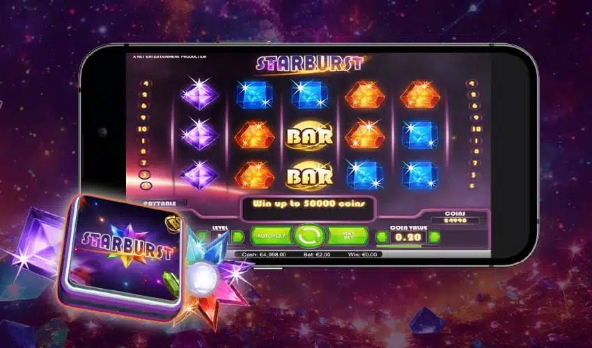 Gemler casino på mobilen. Starburst, paytable, win up to 5000 coins, autoplay, max bet, coin value, coins