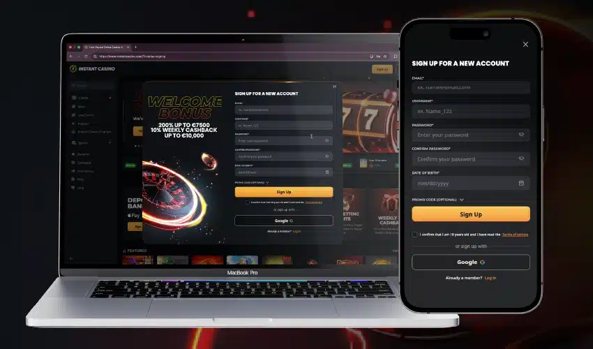 Instant casino registering. Instant casino, welcome bonus, 200% up to €7500 10% weeklt cashback up to €10,000. Sign up for a new account. Sign up, Google. Already a member? Log in.