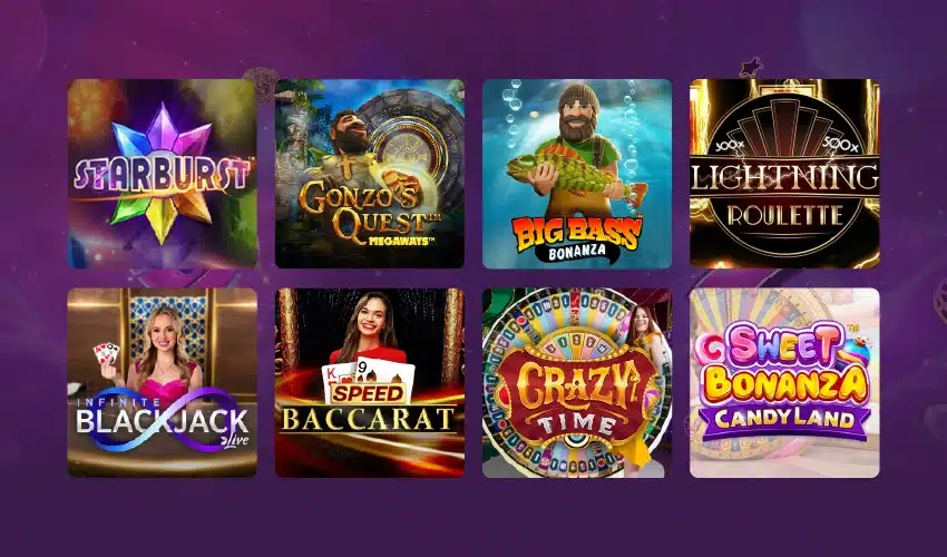 Overload casino spelutbud. Starburst, Gonzo's Quest Megaways, Big Bass Bonanza, Lightning Roulette, Infinite Blackjack live, Speed Baccarat, Crazy time, Sweet Bonanza Candyland