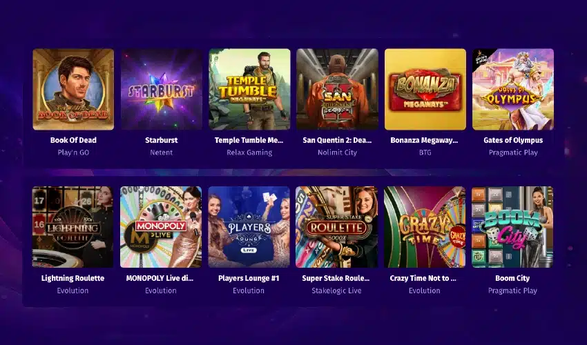 Slotwish casino spelutbud. Book of Dead Play'n GO, Starburst Netent, Temple Tumble Megaways Relax Gaming, San Quentin 2: Dea... Nolimit City, Bonanza Megaways BTG, Gats of Olympus Pragmatic Play, Lightning Roulette Evolution, Monopoly Live Evolution, Players Lounge #1 Evolution, Super Stake Roulette 5000x Stakelogic Live, Crazy Time Evolution, Boom City Pragmatic Play.
