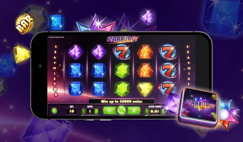 Slotwish casino på mobilen. Starburst. Bar. Win up to 50000 coins. Bet, level, Autoplay, Max bet, Coin value.