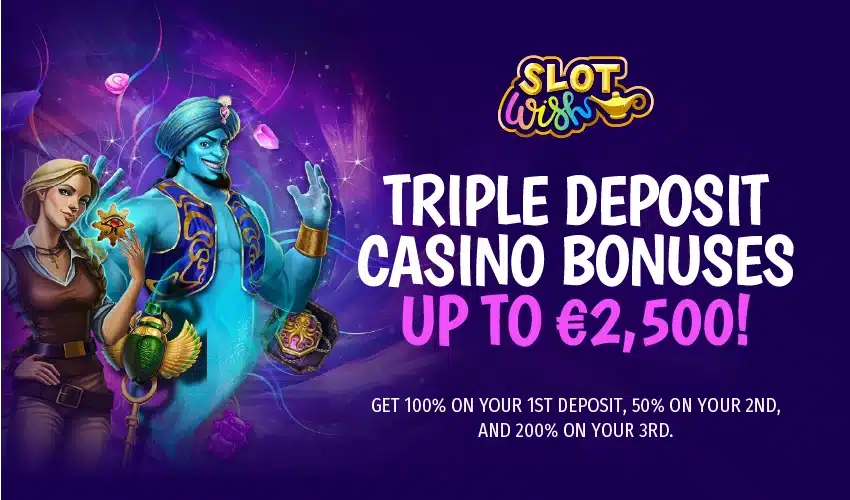 Slotwish casino bonusar. Triple deposit casino bonuses up to €2,500! Get 100% on your 1st deposit, 50% on your 2nd, and 200% on your 3rd.